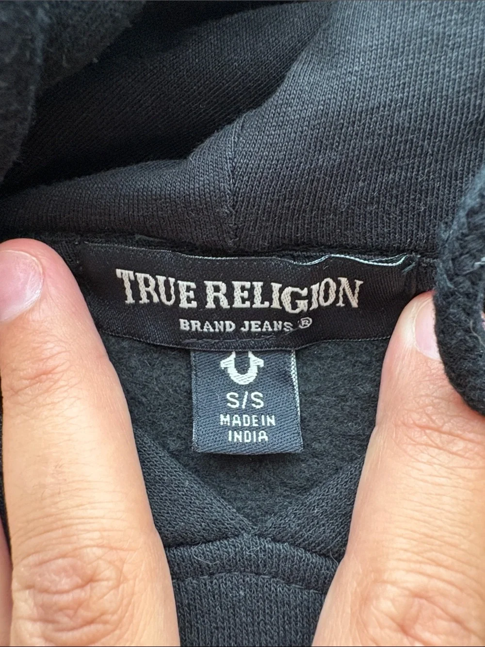True Religion Black Pullover Hoodie with Gold Buddha Graphic